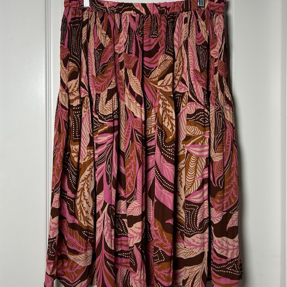 Sunny Leigh Vintage Y2K Brown Pink Botanical Leaf Print Gathered Midi Skirt